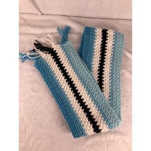 Handmade Crochet Scarf Blue White Black Stripe Tassel Warm Winter Soft